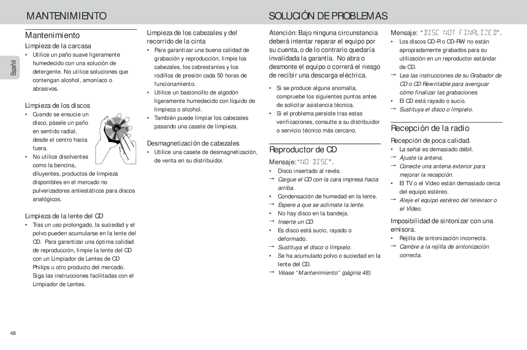 Philips FW-C85 manual Mantenimiento Solución DE Problemas, Reproductor de CD, Recepción de la radio 