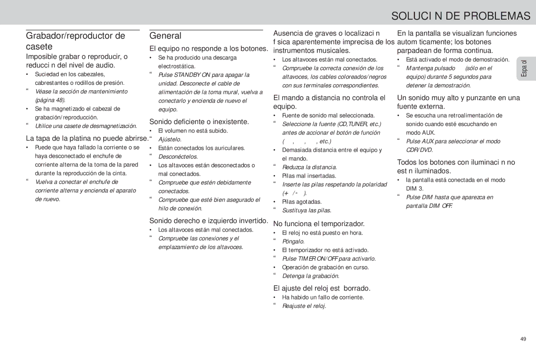 Philips FW-C85 manual Solución DE Problemas, Grabador/reproductor de casete, General 