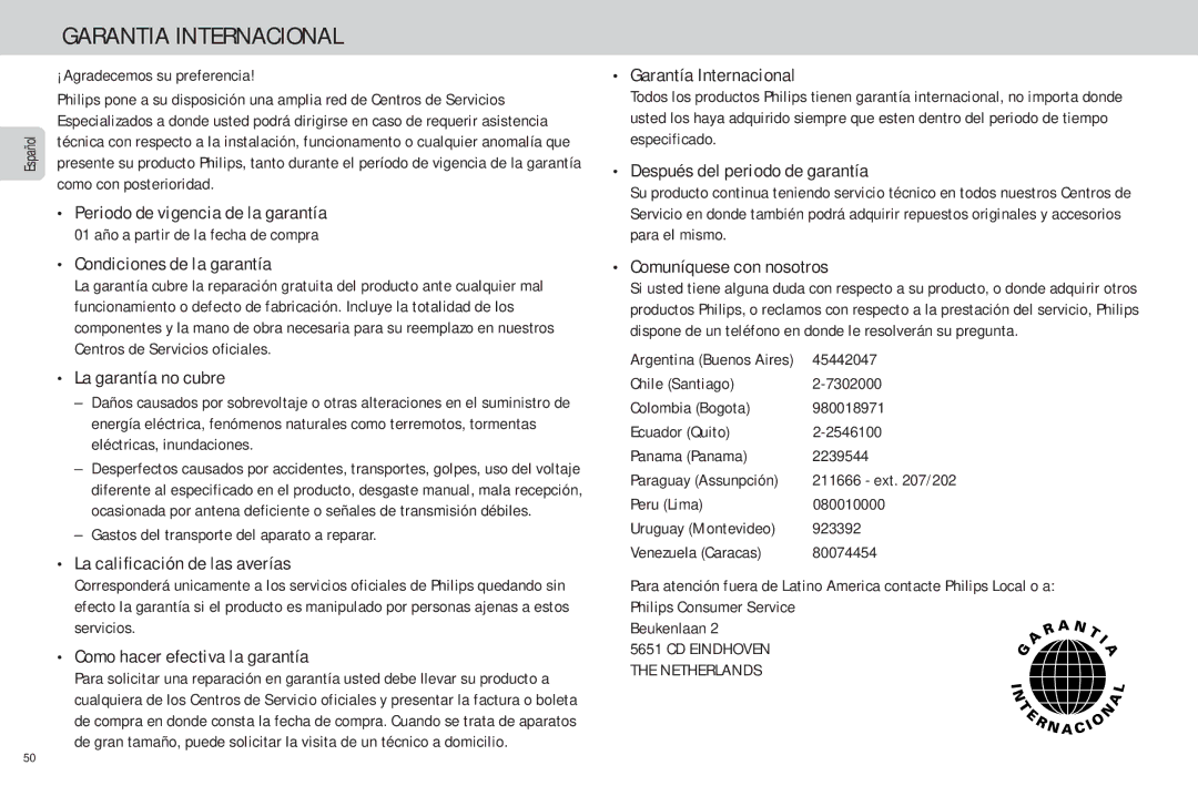 Philips FW-C85 manual Garantia Internacional 