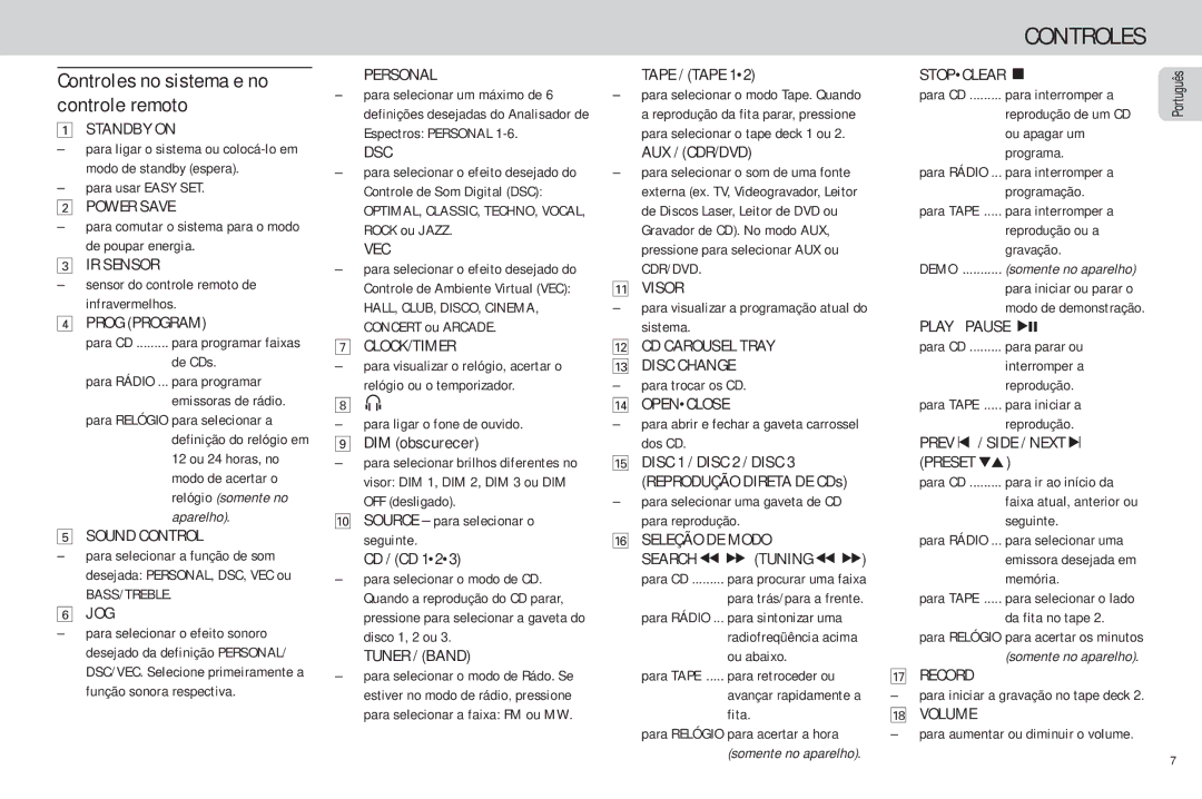 Philips FW-C85 manual Controles no sistema e no controle remoto 