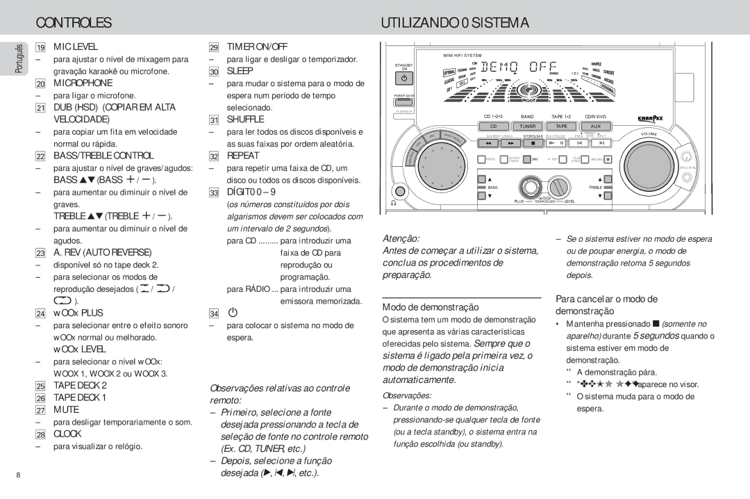 Philips FW-C85 manual MIC Level, Microphone, DUB HSD Copiar EM Alta Velocidade, Treble 34TREBLE +, » Timer ON/OFF, ¼ Sleep 