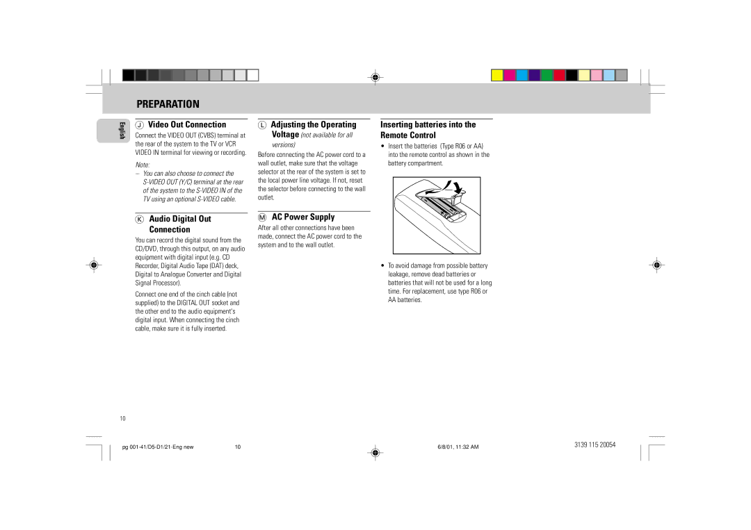 Philips FW-D1 Video Out Connection, Inserting batteries into the Remote Control, Audio Digital Out Connection, Versions 