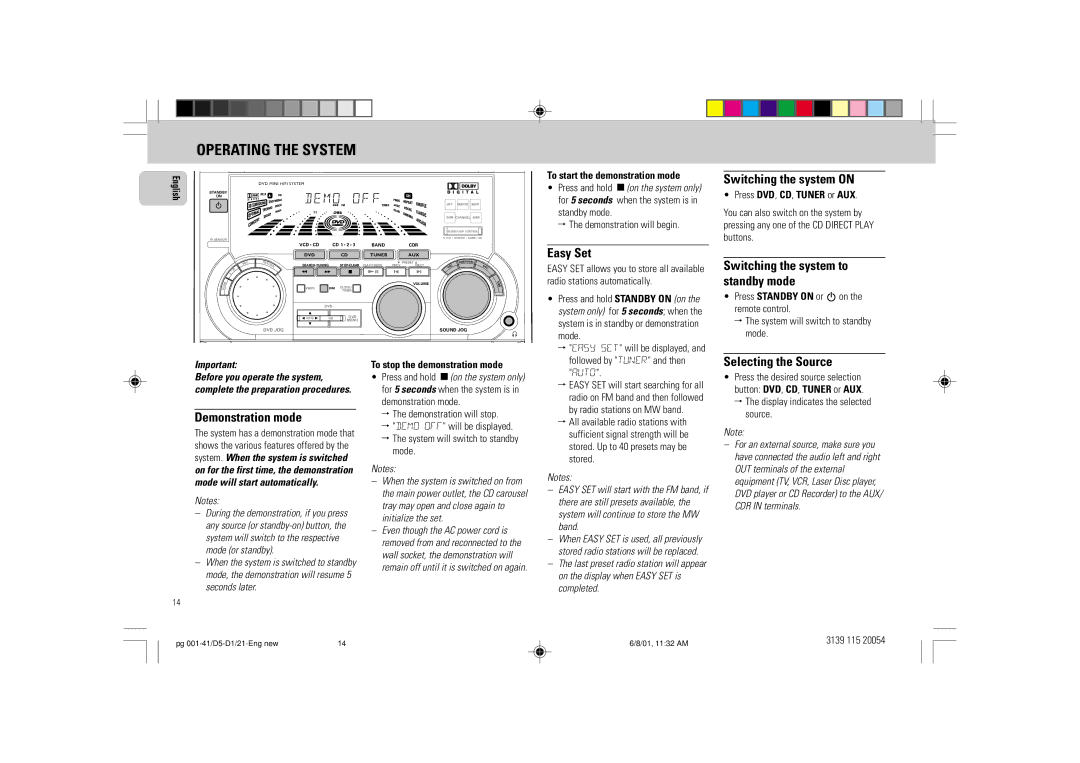 Philips FW-D1 manual Operating the System 