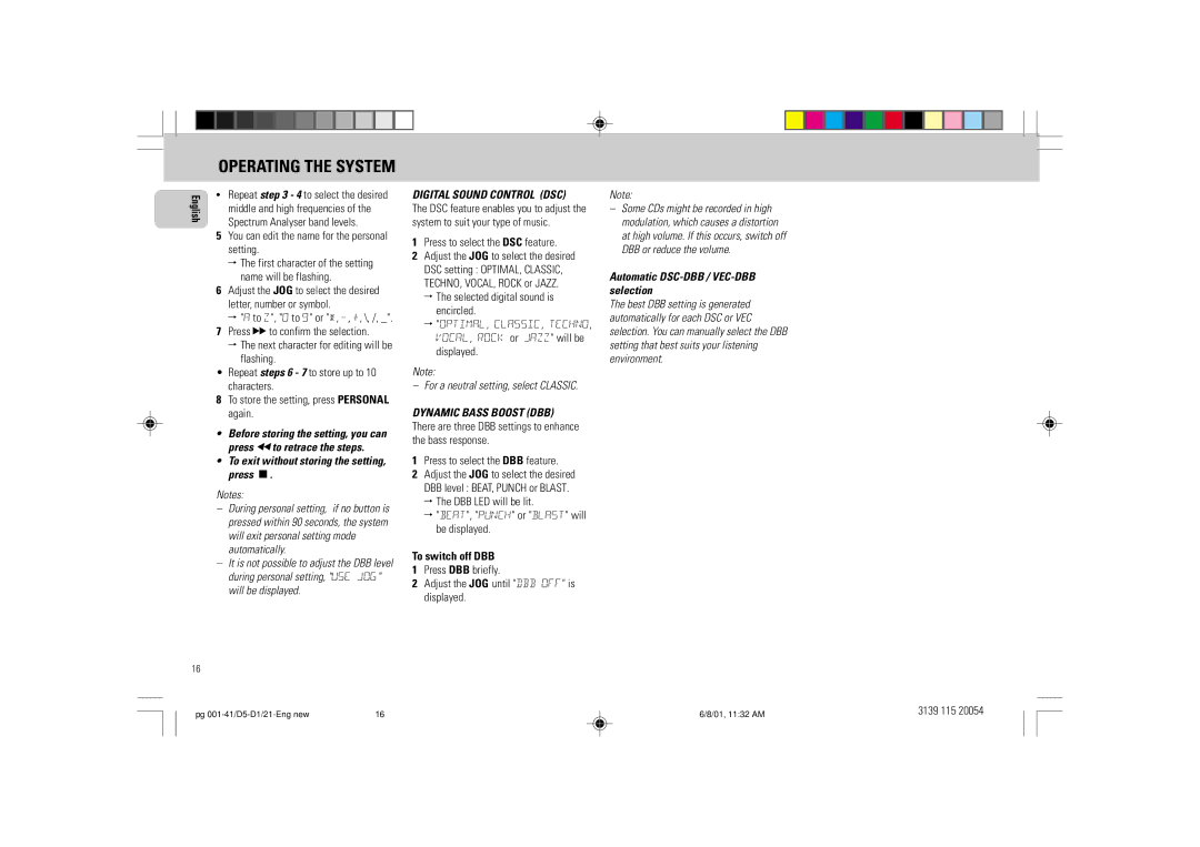 Philips FW-D1 manual To exit without storing the setting, press Ç, To switch off DBB, Automatic DSC-DBB / VEC-DBB selection 