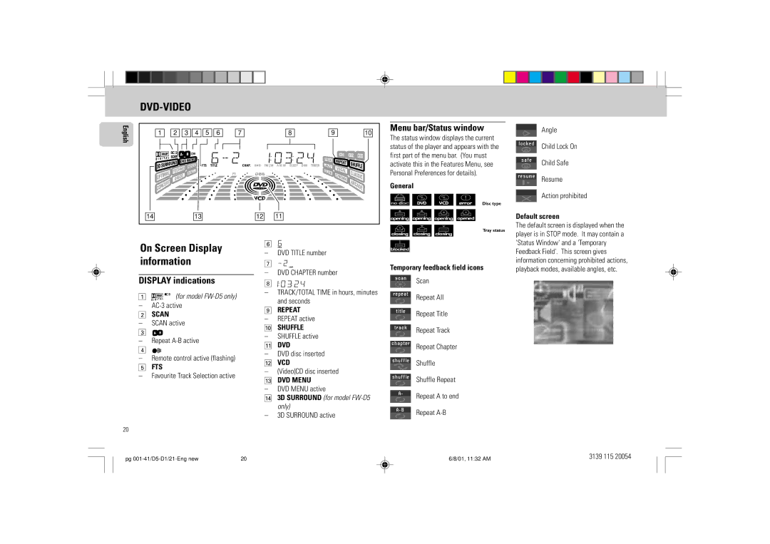 Philips FW-D1 manual Menu bar/Status window, On Screen Display information Display indications 