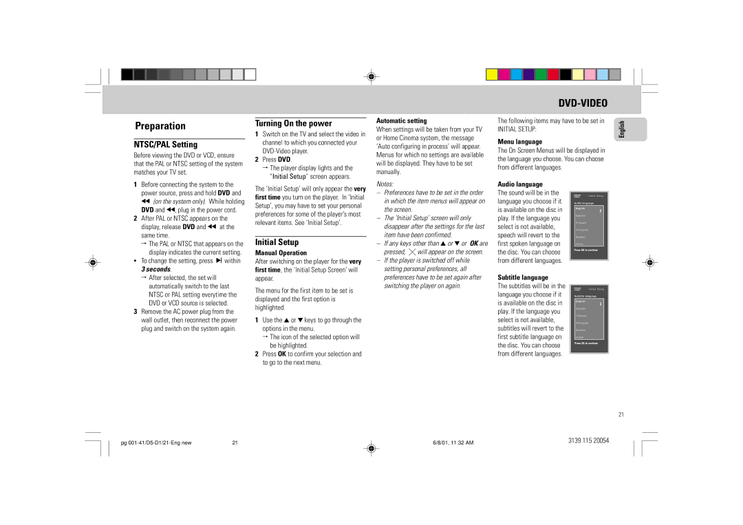 Philips FW-D1 manual NTSC/PAL Setting, Turning On the power, Initial Setup 