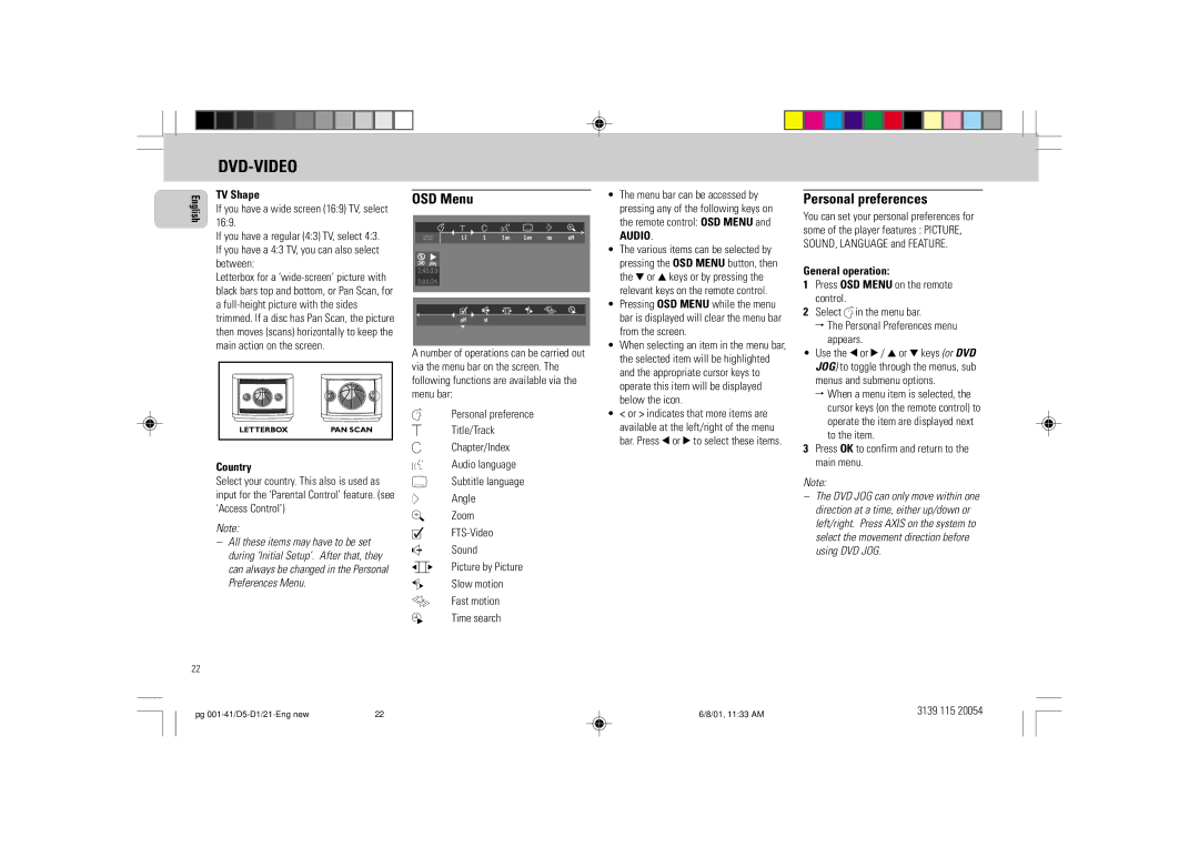 Philips FW-D1 manual OSD Menu, Personal preferences, Audio 