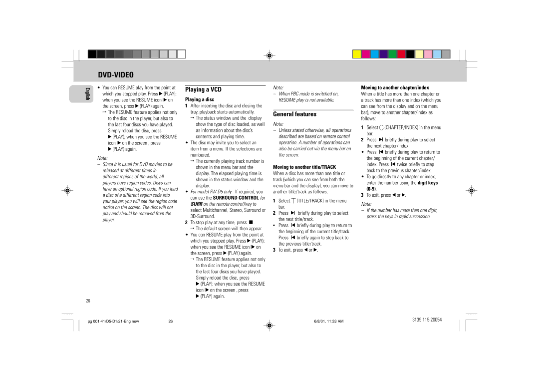 Philips FW-D1 manual Playing a VCD, General features, Playing a disc, Moving to another title/TRACK 