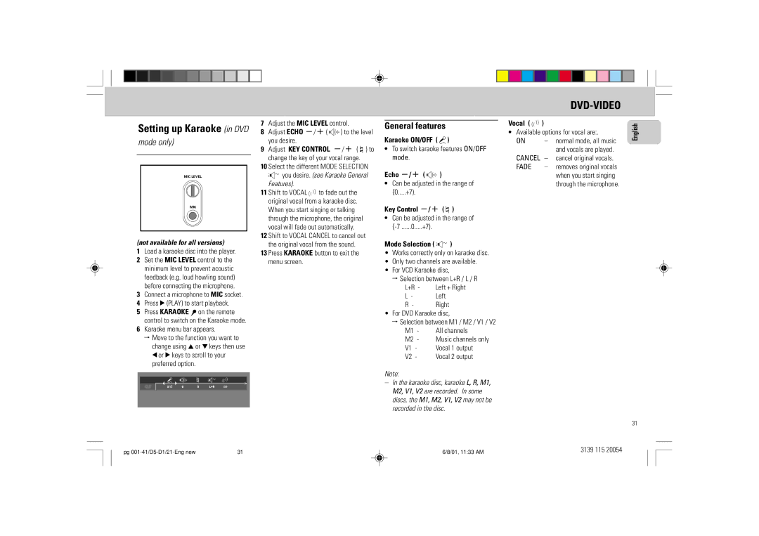 Philips FW-D1 manual Not available for all versions, Karaoke ON/OFF, Echo -/+ j, Key Control -/+ k, Mode Selection l 