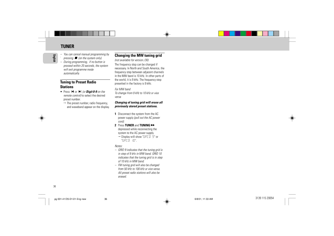 Philips FW-D1 manual Tuning to Preset Radio Stations, Changing the MW tuning grid, Not available for version /30 