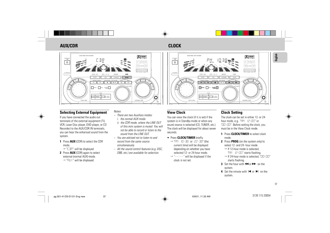 Philips FW-D1 manual Aux/Cdr, View Clock, Clock Setting, There are two Auxiliary modes Normal AUX mode 