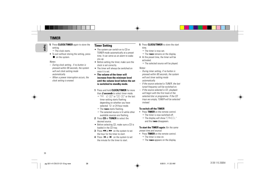 Philips FW-D1 manual Timer Setting, To switch off the Timer 