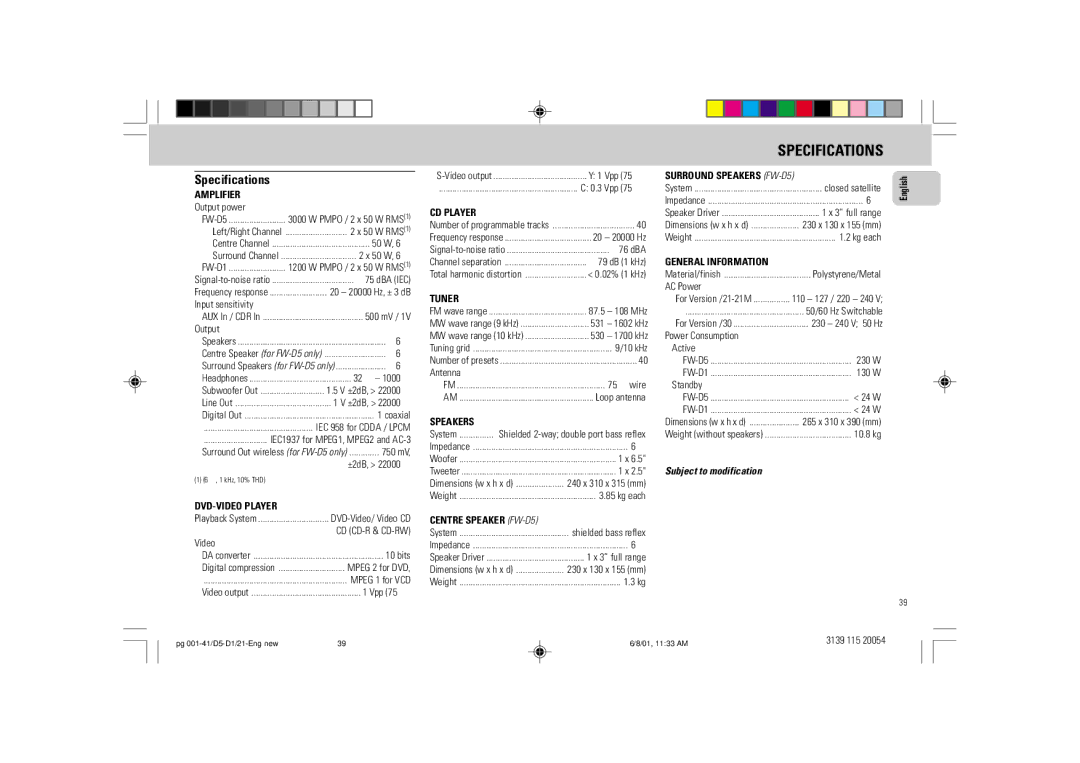 Philips FW-D1 manual Specifications, Subject to modification 