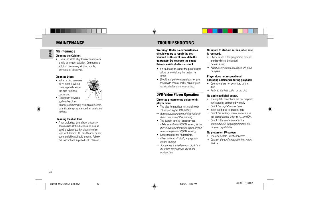 Philips FW-D1 manual Maintenance, Troubleshooting, DVD-Video Player Operation 