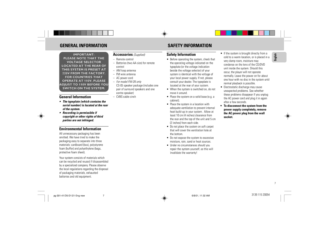 Philips FW-D1 manual Safety Information, General Information, Environmental Information, Accessories Supplied 