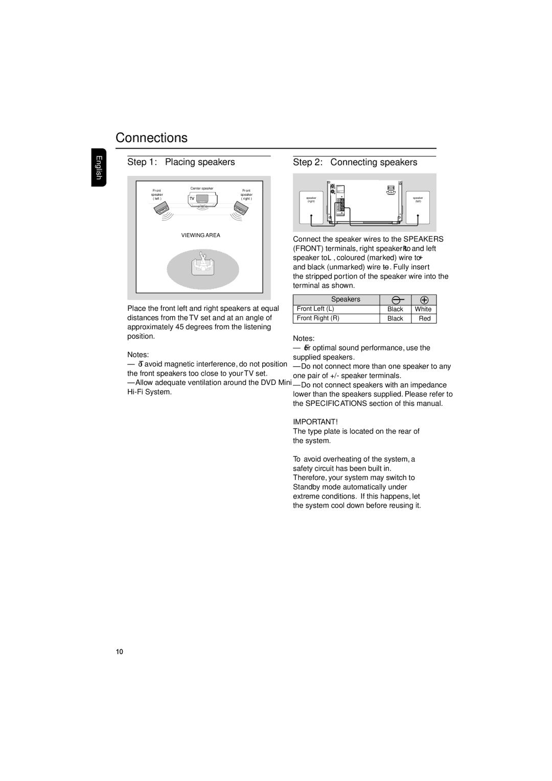 Philips FW-D550 manual Connections, Step Connecting speakers 