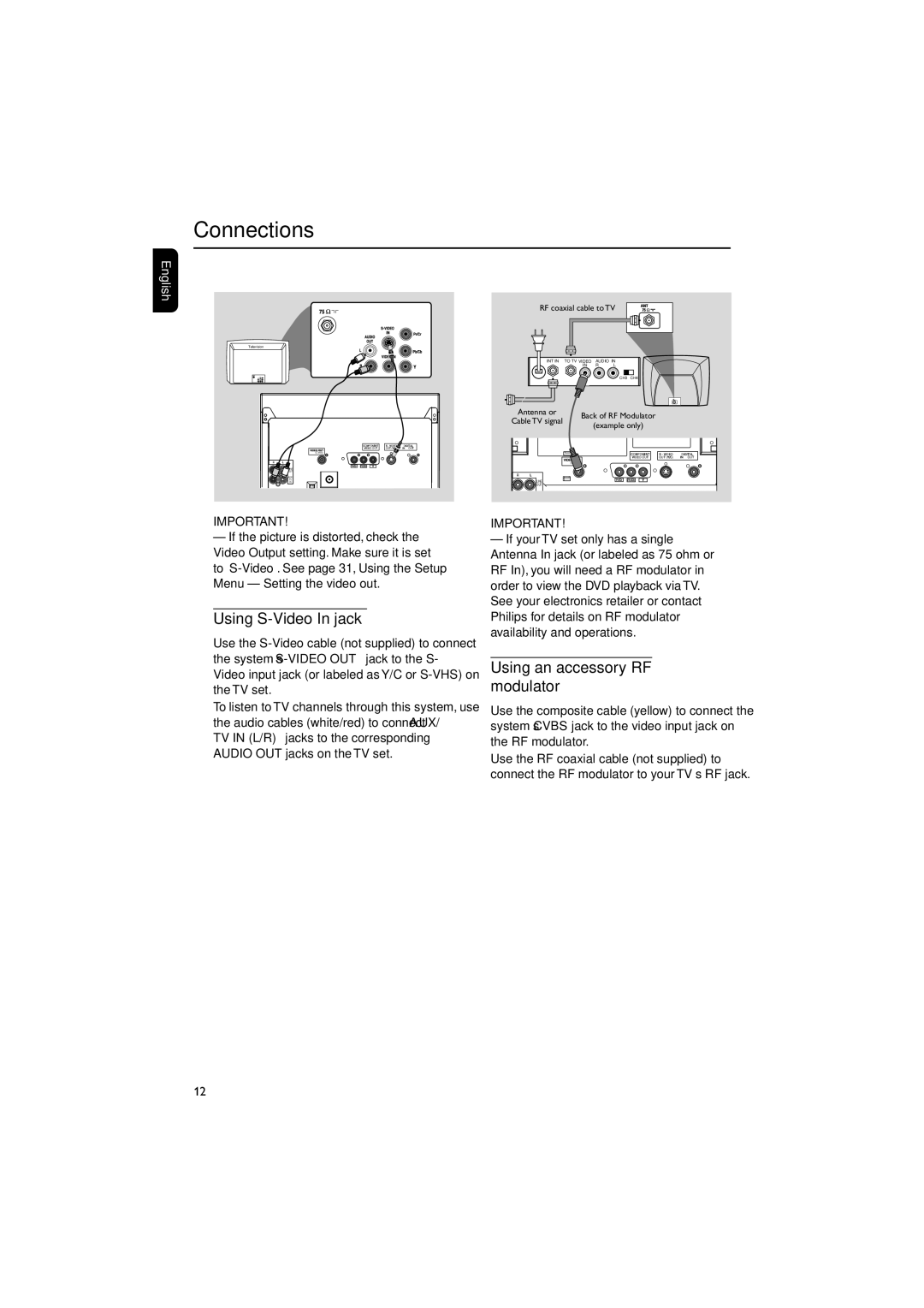 Philips FW-D550 manual Using S-Video In jack, Using an accessory RF modulator 