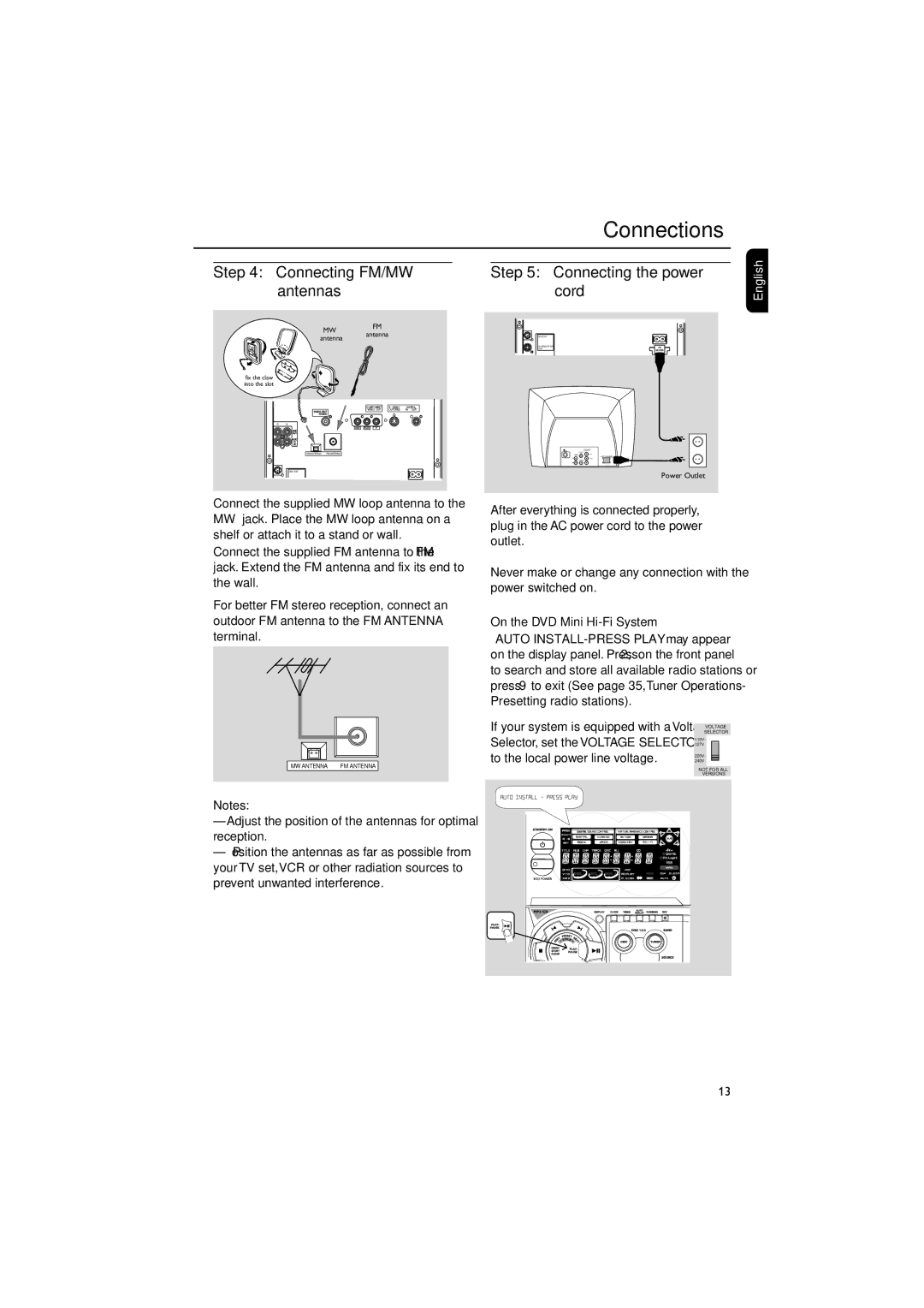 Philips FW-D550 manual Connecting FM/MW antennas, Connecting the power cord, On the DVD Mini Hi-Fi System 