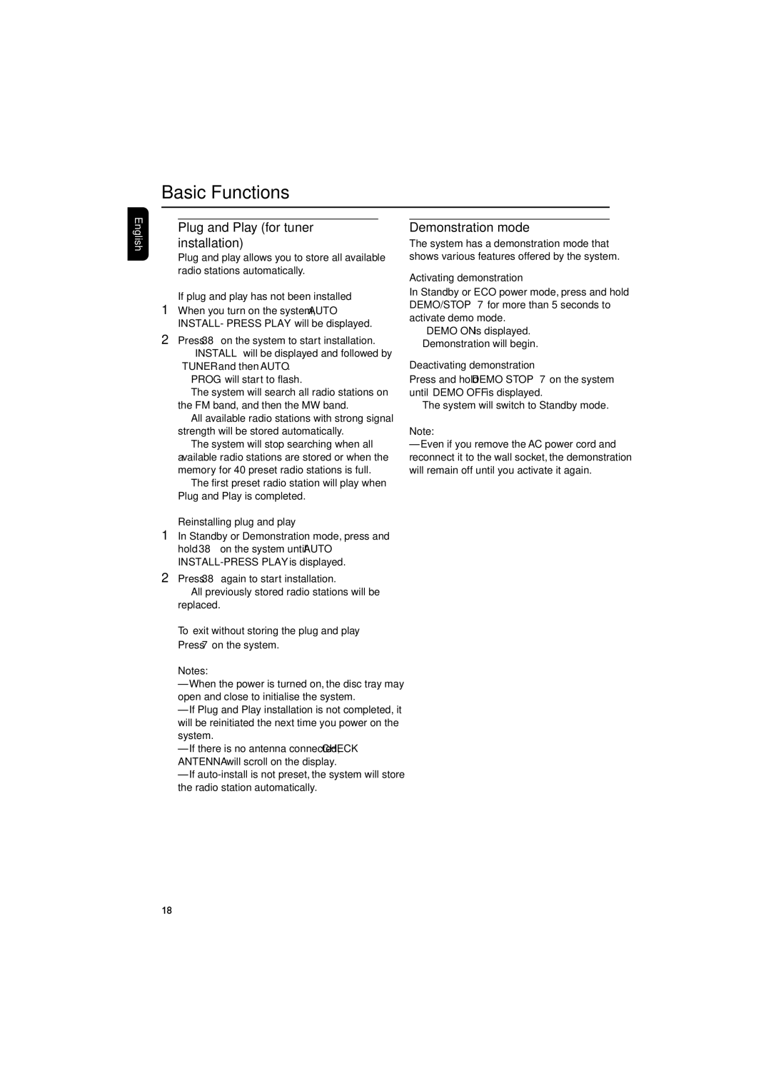 Philips FW-D550 manual Basic Functions, Plug and Play for tuner installation, Demonstration mode 