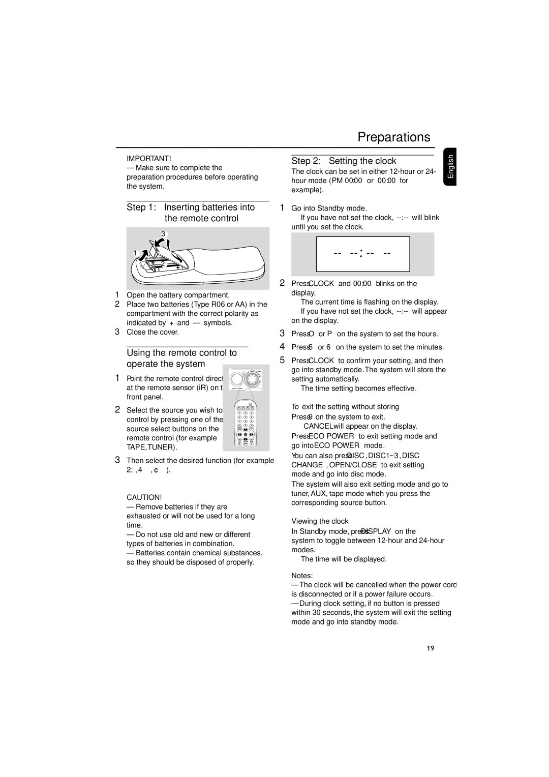 Philips FW-D550 Preparations, Inserting batteries into the remote control, Using the remote control to operate the system 