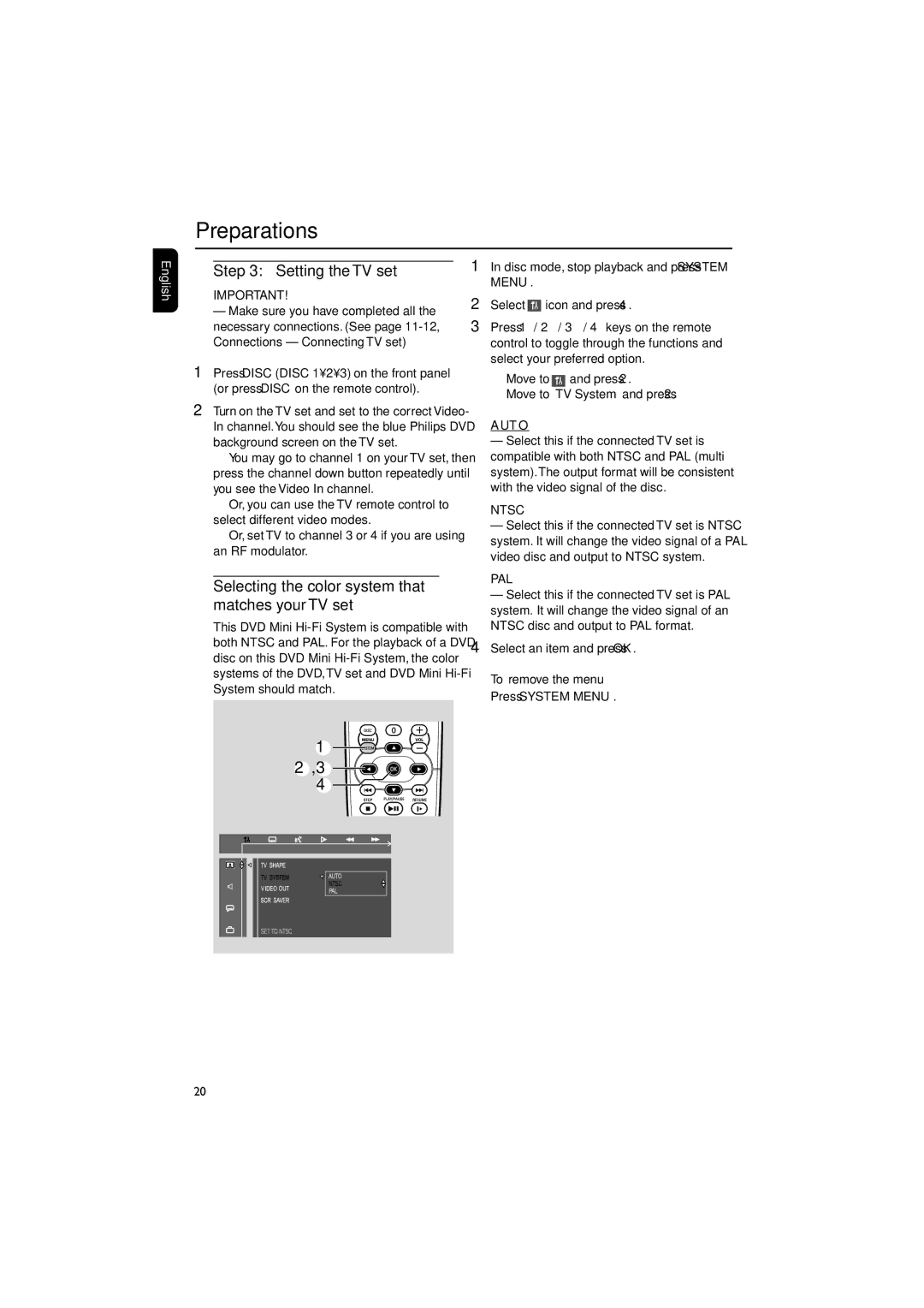 Philips FW-D550 manual Setting the TV set, Selecting the color system that matches your TV set, Auto, Ntsc, Pal 