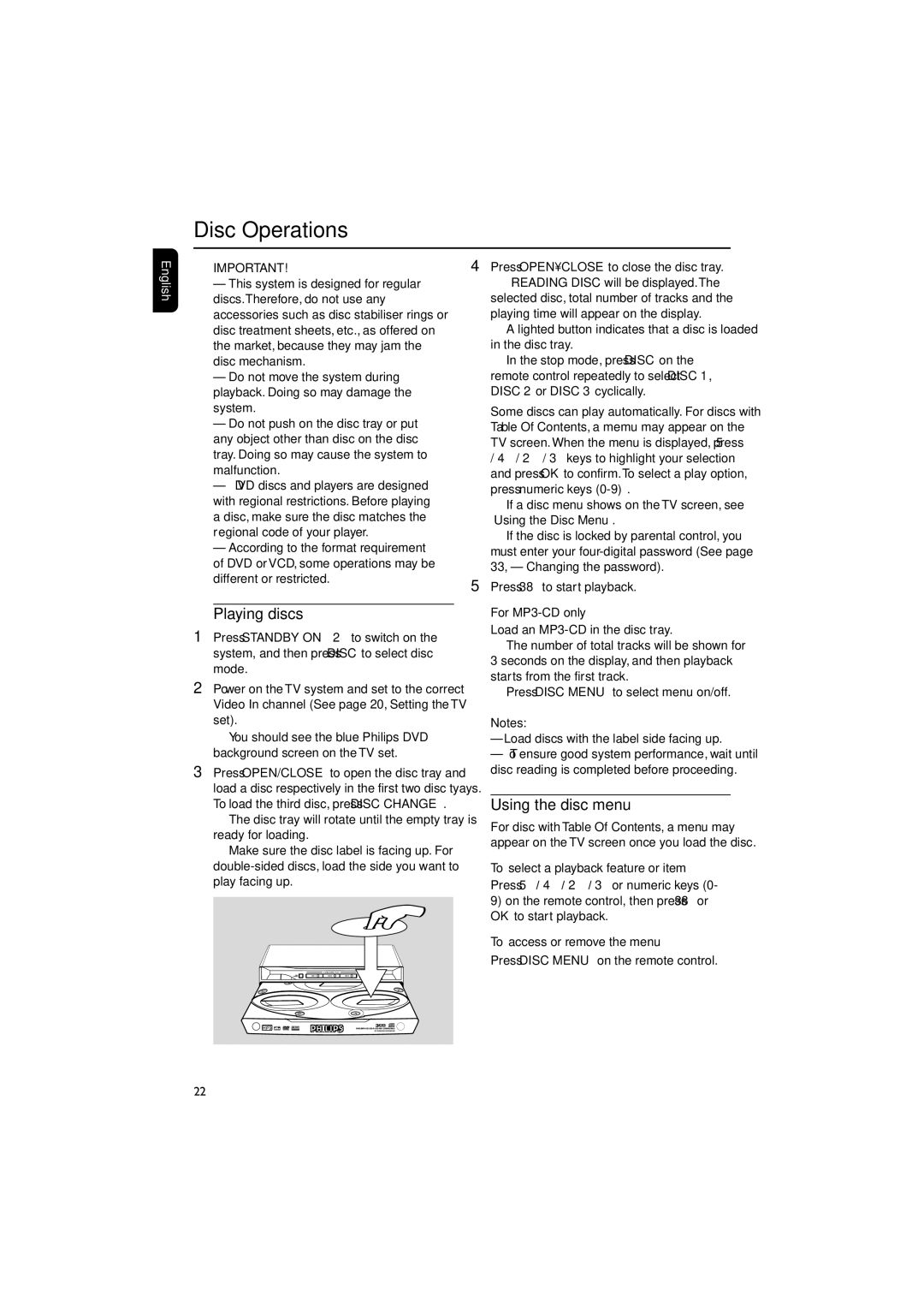 Philips FW-D550 manual Disc Operations, Playing discs, Using the disc menu 