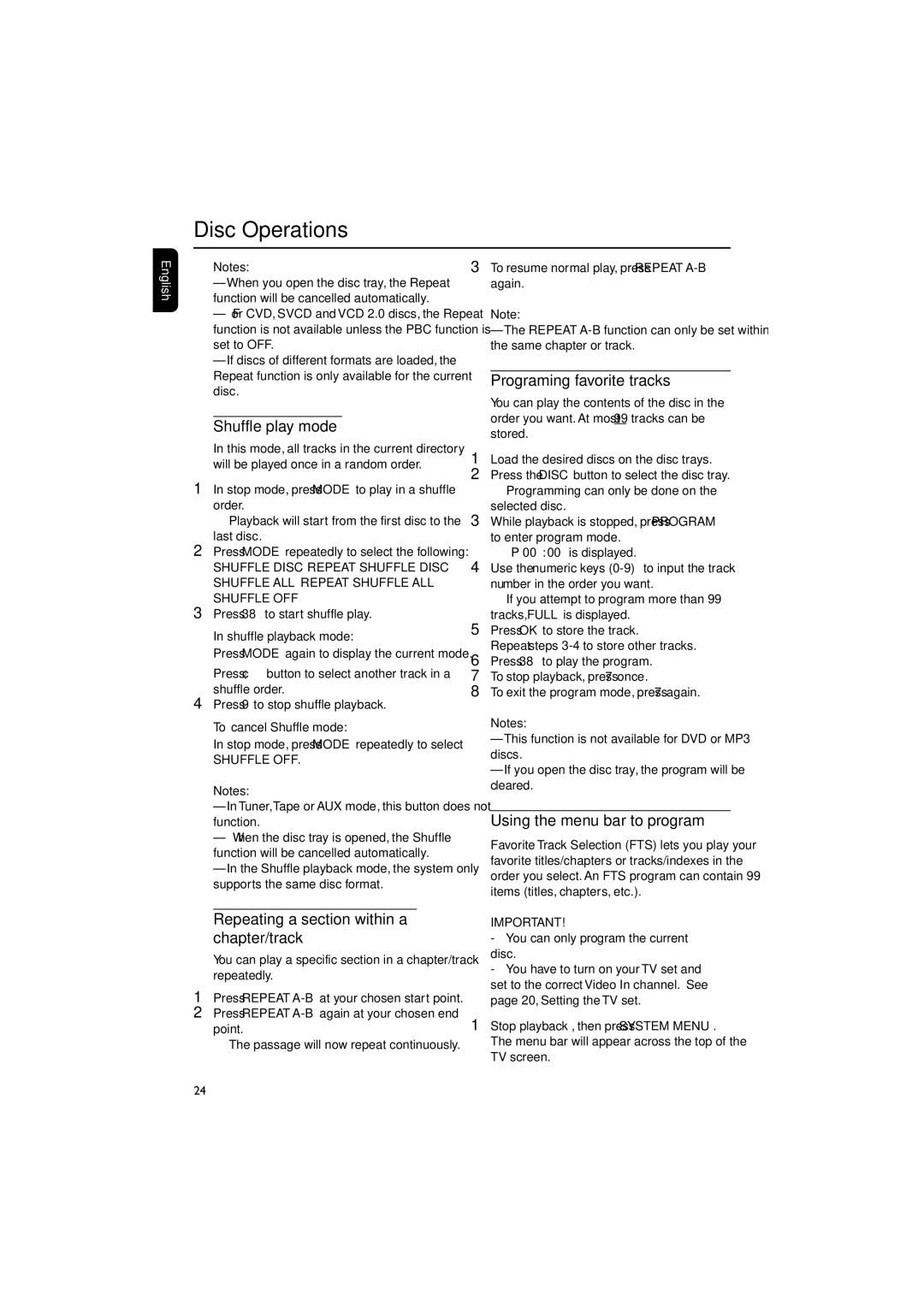 Philips FW-D550 manual Shuffle play mode, Repeating a section within a chapter/track, Programing favorite tracks 