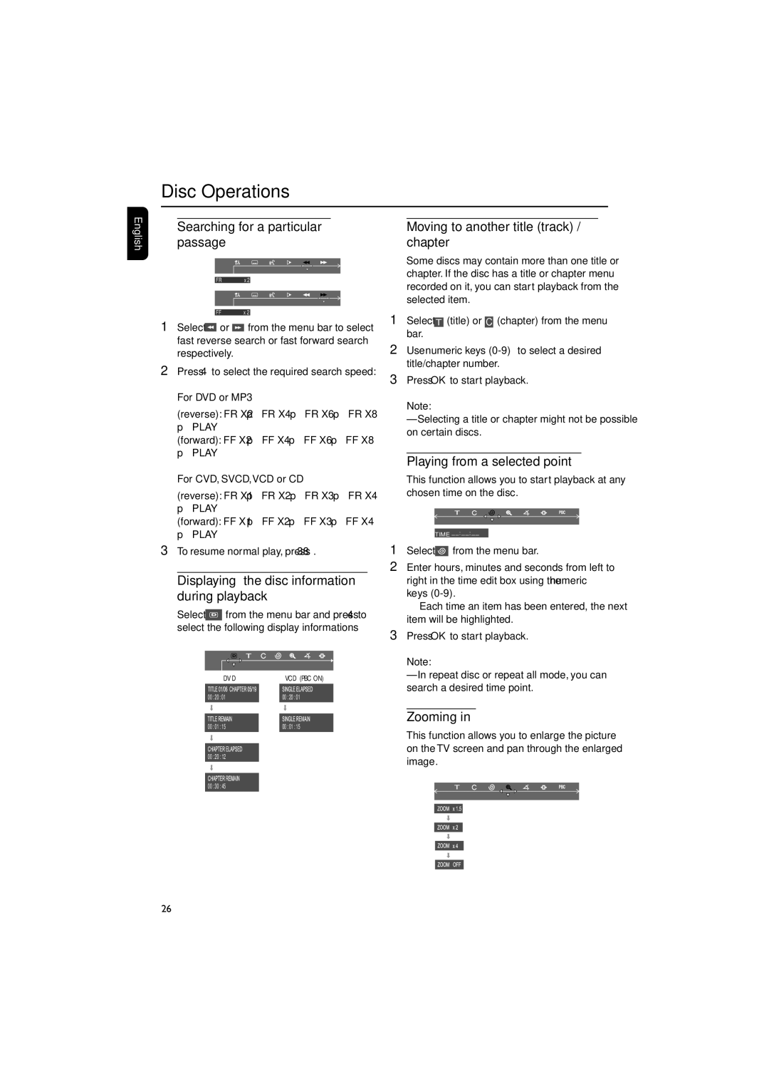 Philips FW-D550 manual Searching for a particular passage, Displaying the disc information during playback, Zooming 