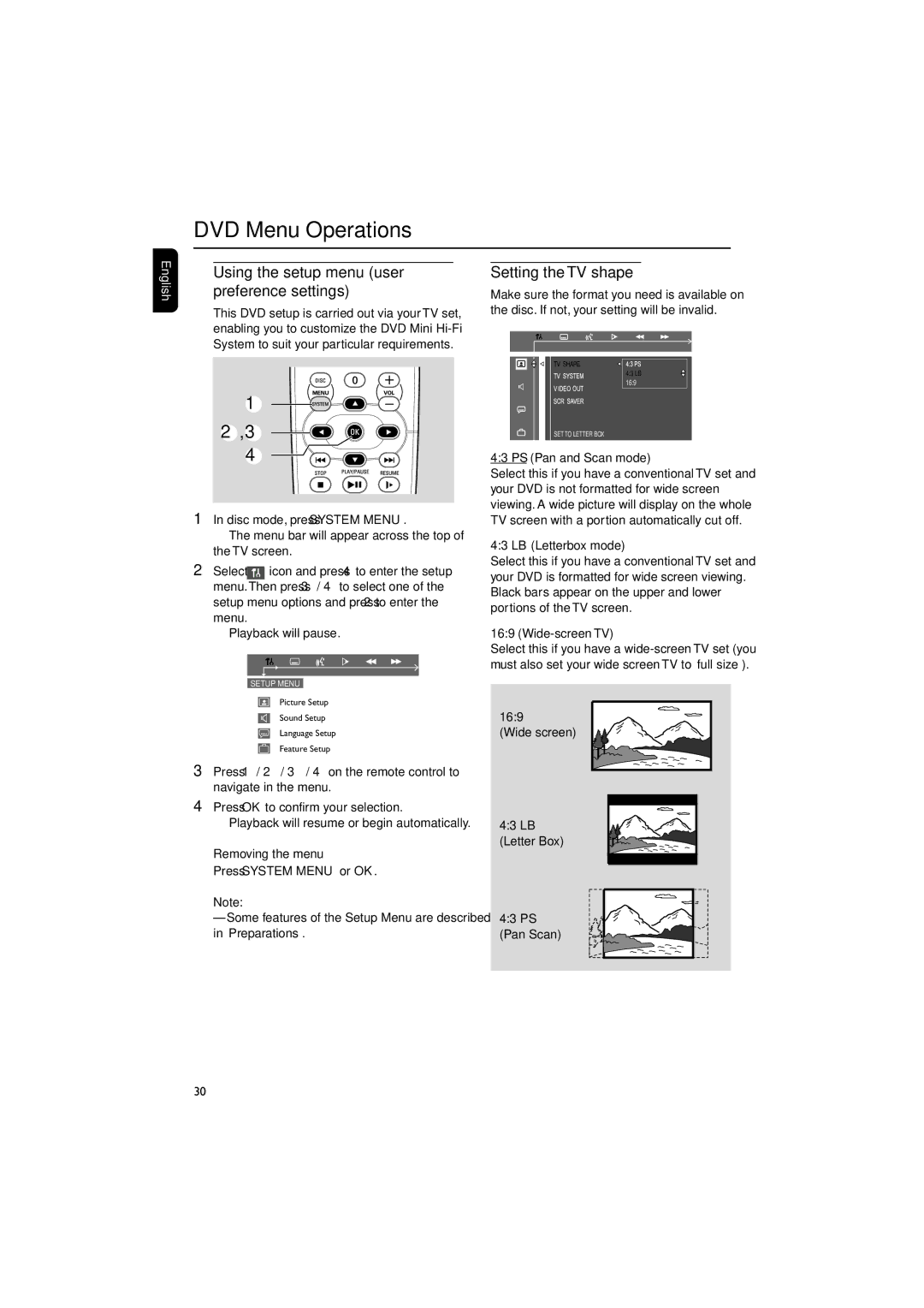 Philips FW-D550 Using the setup menu user preference settings, Setting the TV shape, Wide screen LB Letter Box PS Pan Scan 