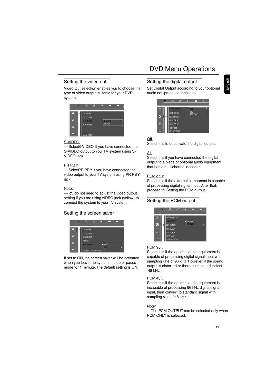 Philips FW-D550 manual Setting the video out, Setting the screen saver, Setting the PCM output 