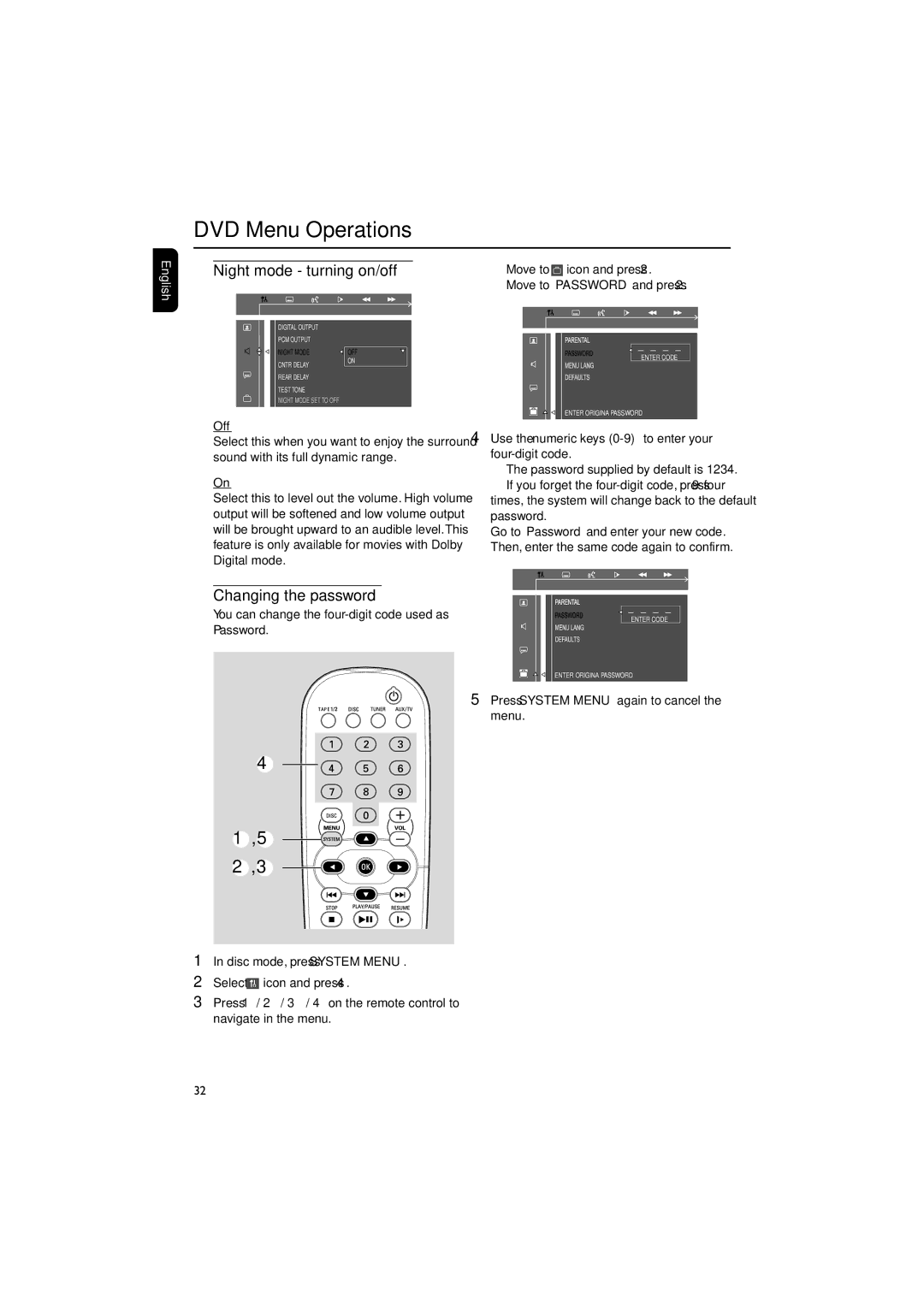 Philips FW-D550 manual Night mode turning on/off, Changing the password, Icon and press 