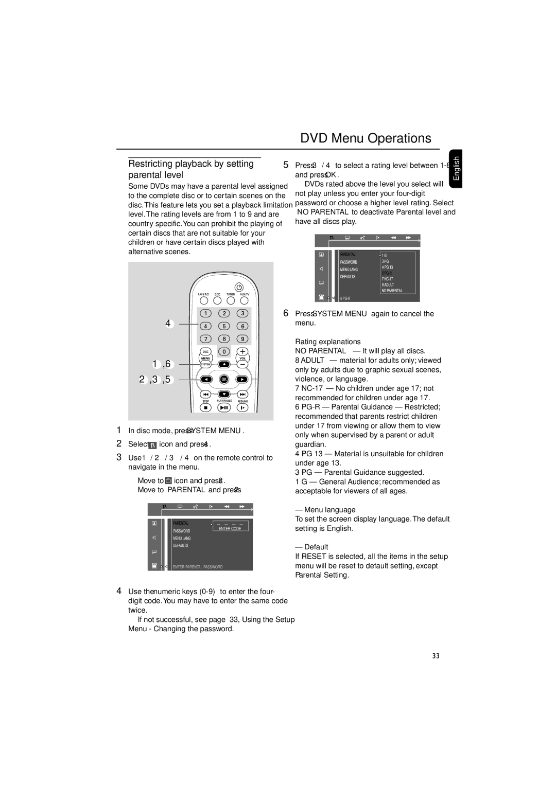 Philips FW-D550 Restricting playback by setting parental level, Press System Menu again to cancel the menu, Menu language 