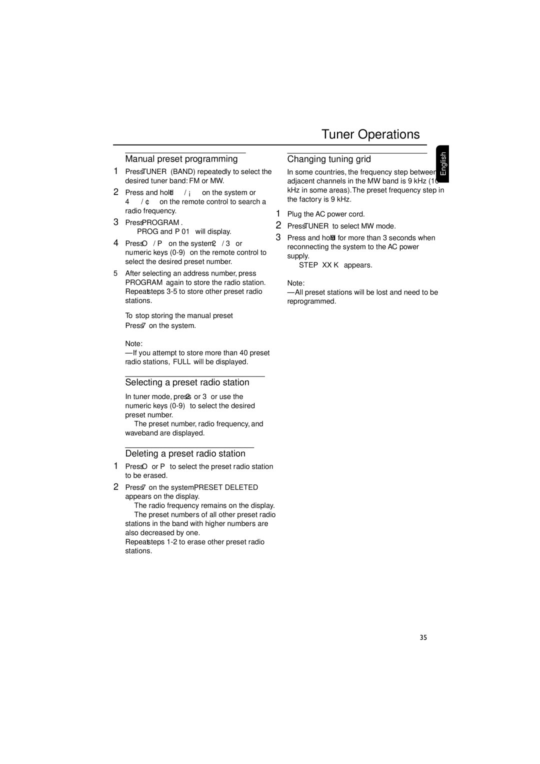 Philips FW-D550 manual Manual preset programming, Selecting a preset radio station, Changing tuning grid 