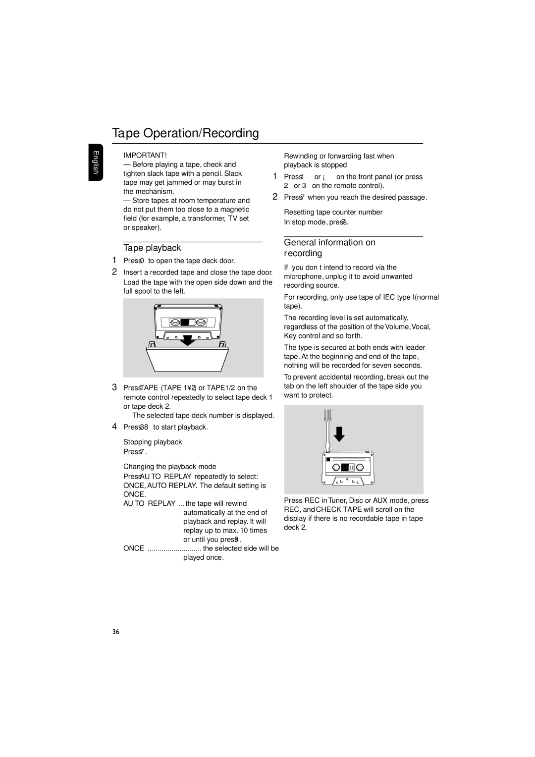 Philips FW-D550 manual Tape Operation/Recording, Tape playback, General information on recording 