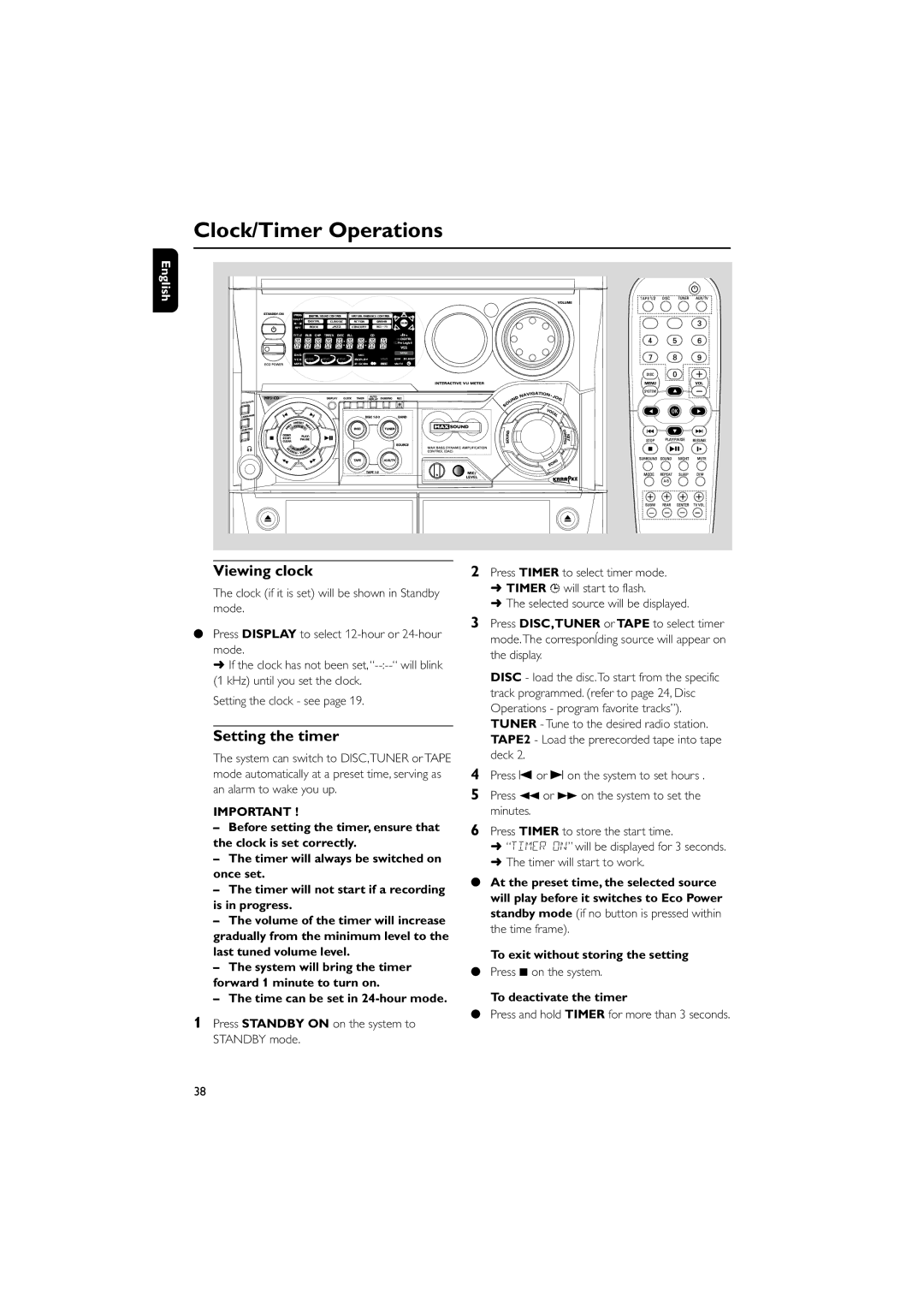 Philips FW-D550 manual Clock/Timer Operations, Viewing clock, Setting the timer 