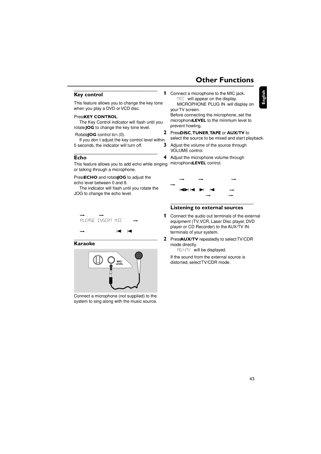 Philips FW-D550 manual Key control, Echo, Karaoke, Listening to external sources, Press KEY Control 