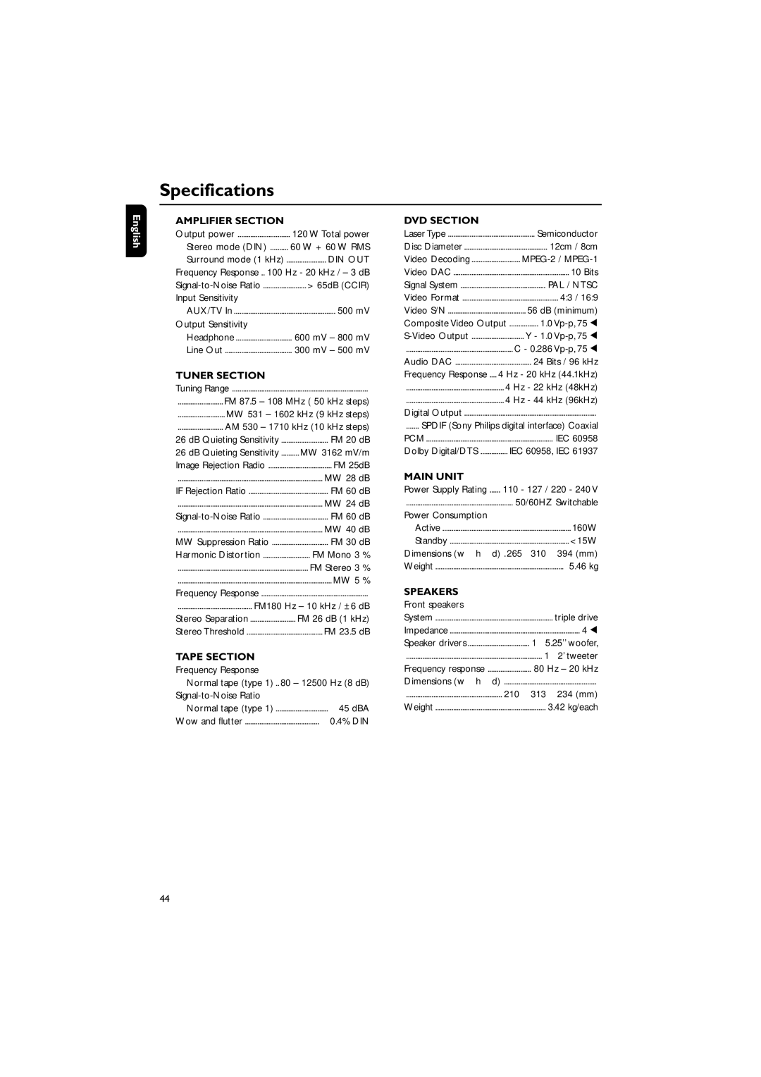 Philips FW-D550 manual Specifications 