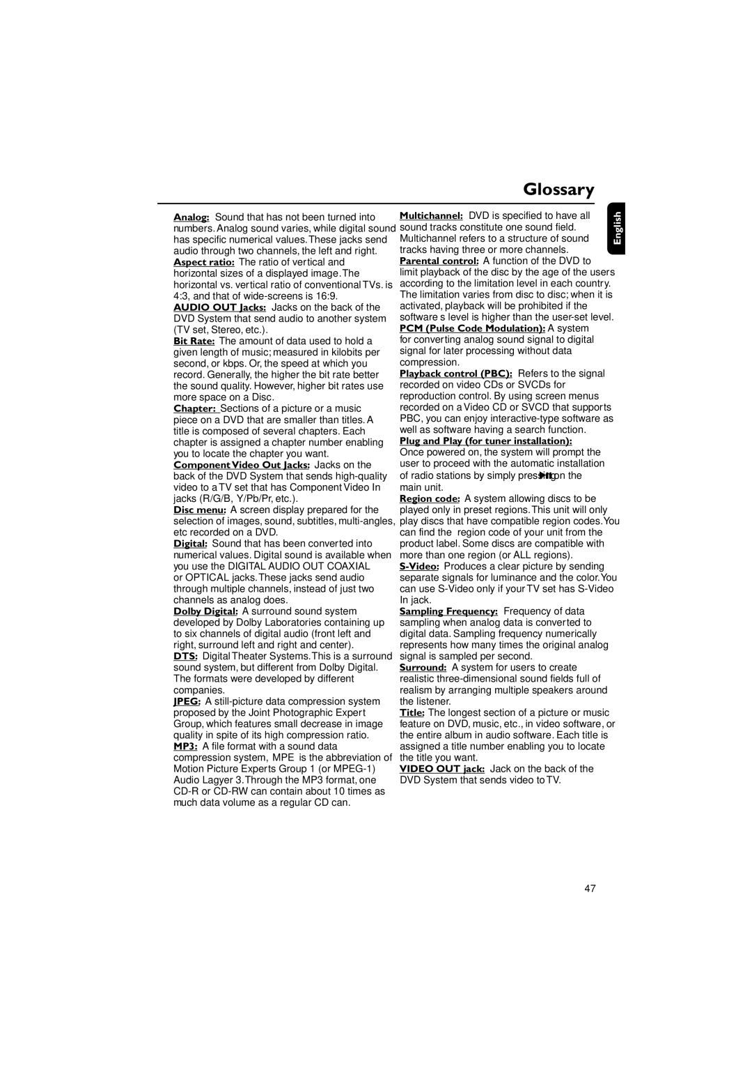 Philips FW-D550 manual Glossary 