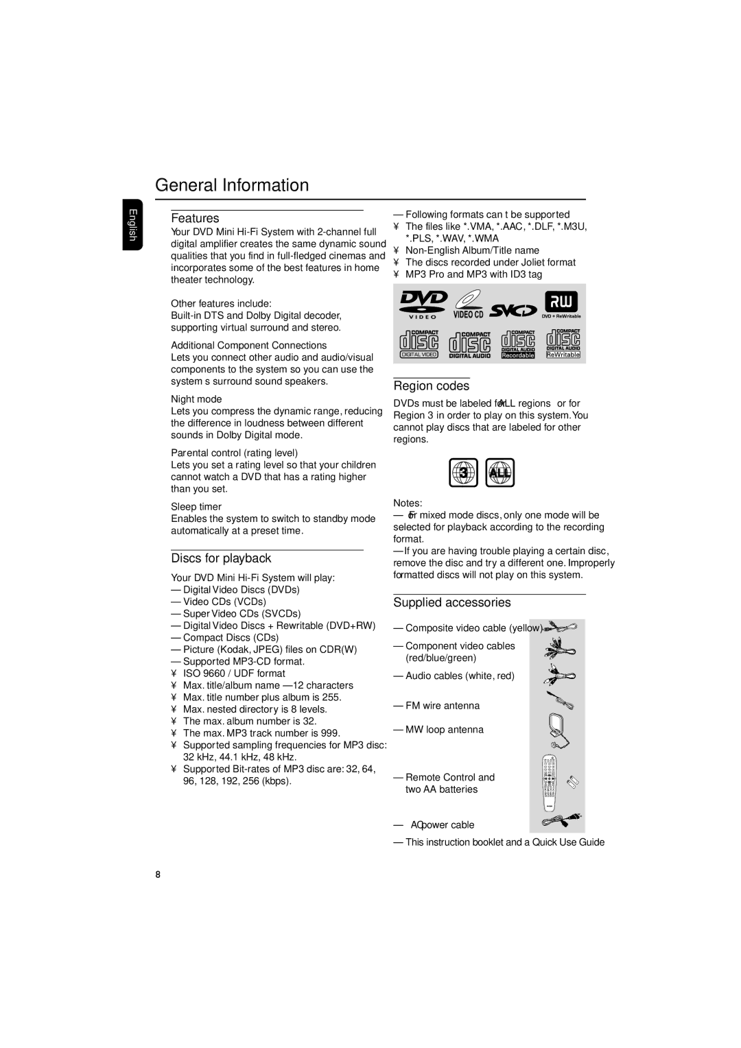 Philips FW-D550 manual General Information, Features, Discs for playback, Region codes, Supplied accessories 