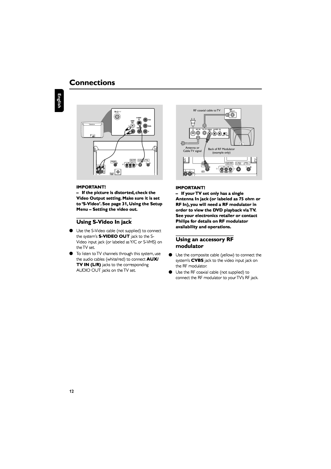 Philips FW-D550 manual Using S-VideoIn jack, Using an accessory RF modulator, Connections, English 
