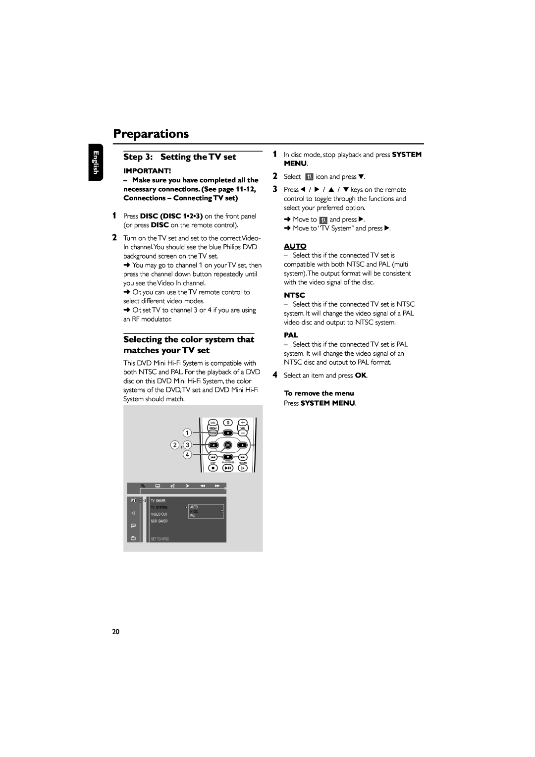 Philips FW-D550 manual 1 2,3, Setting the TV set, Auto, Ntsc, Preparations, English, To remove the menu Press SYSTEM MENU 