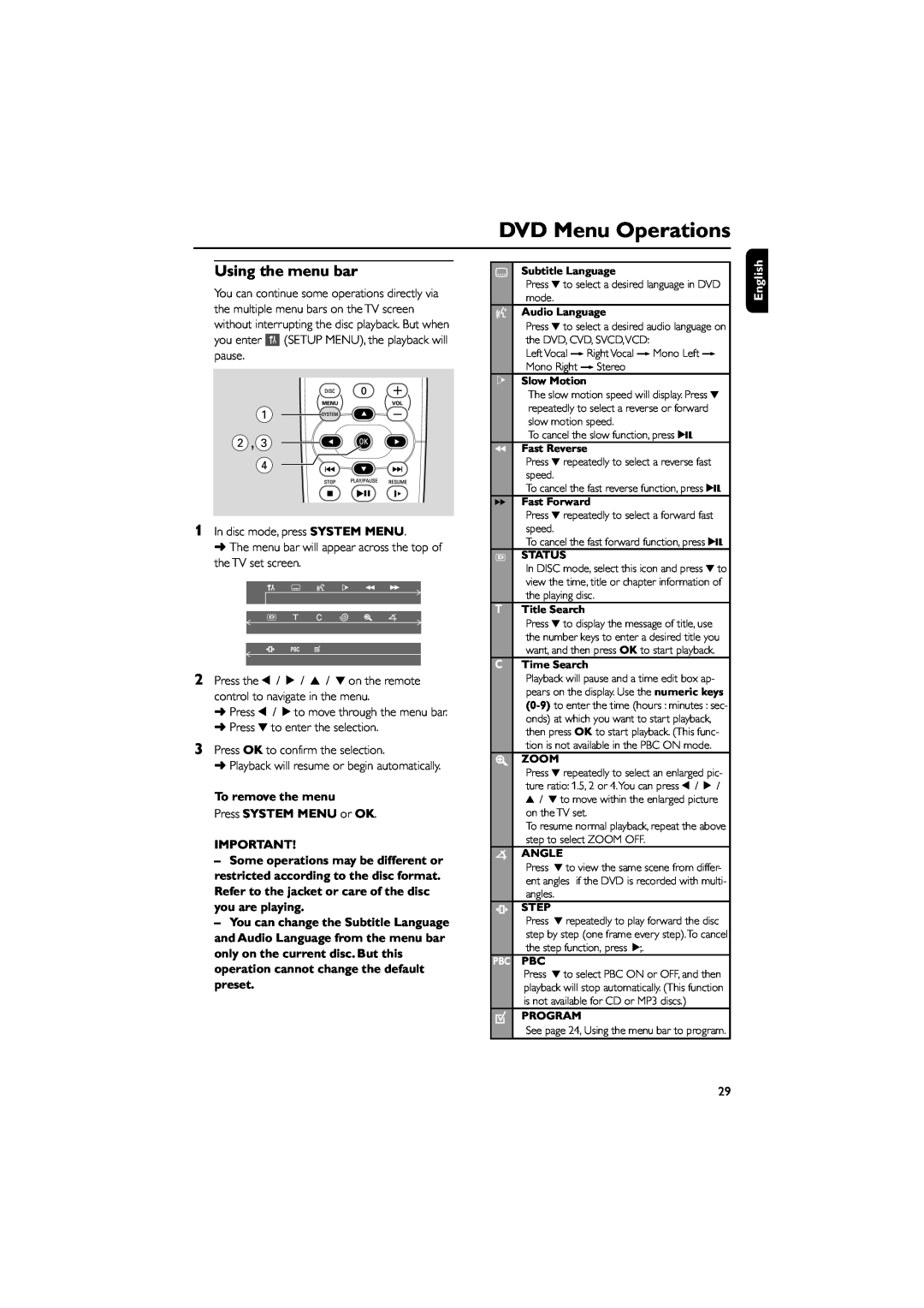 Philips FW-D550 manual DVD Menu Operations, 1 2,3, Using the menu bar, To remove the menu Press SYSTEM MENU or OK, English 