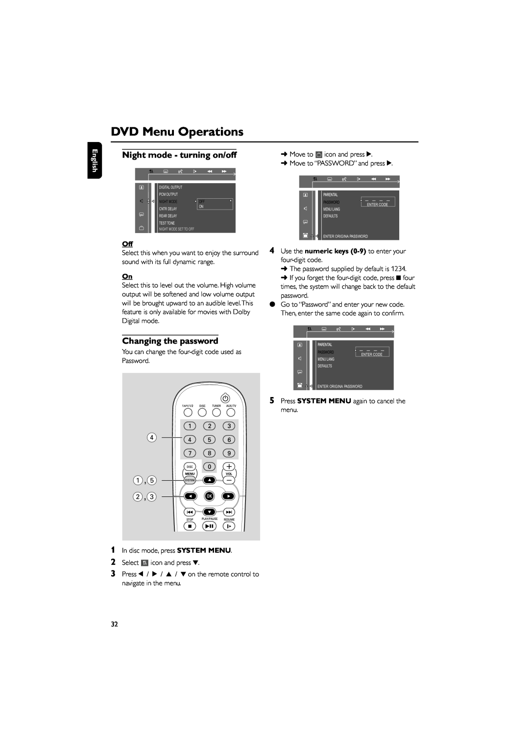 Philips FW-D550 manual 4 1,5 2,3, Night mode - turning on/off, Changing the password, DVD Menu Operations, English 