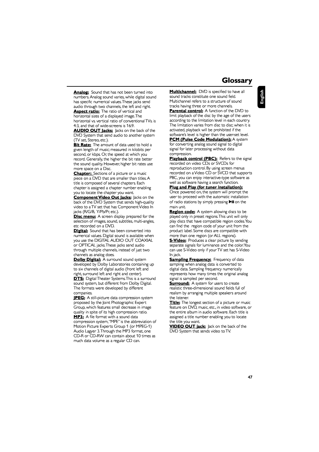 Philips FW-D550 manual Glossary, English 
