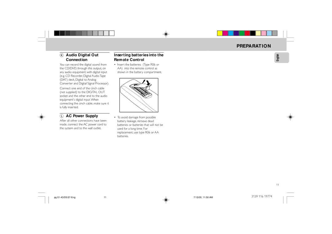 Philips FW-D5D manual Audio Digital Out Connection, AC Power Supply, Inserting batteries into the Remote Control 