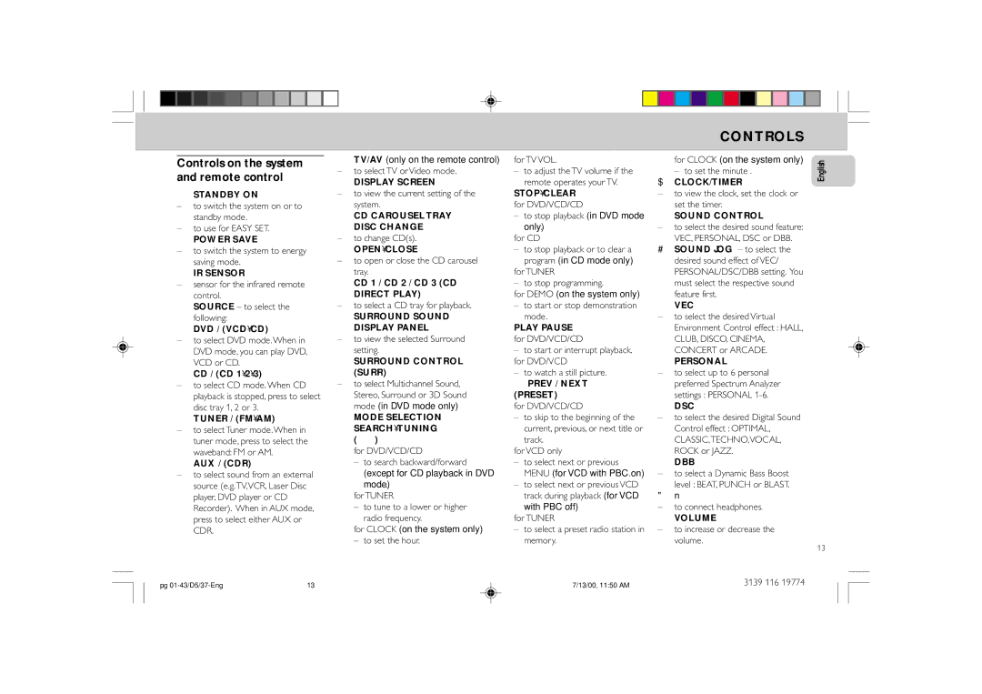 Philips FW-D5D Controls on the system and remote control, Cd / Cd, CD 1 / CD 2 / CD 3 CD, Prev / Next ë, Searchtuning à á 