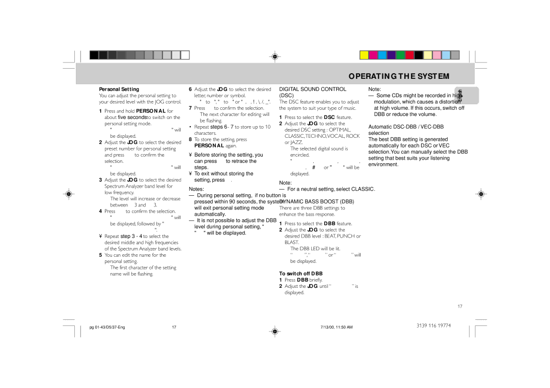 Philips FW-D5D manual Personal Setting, Steps To exit without storing the setting, press Ç, To switch off DBB 