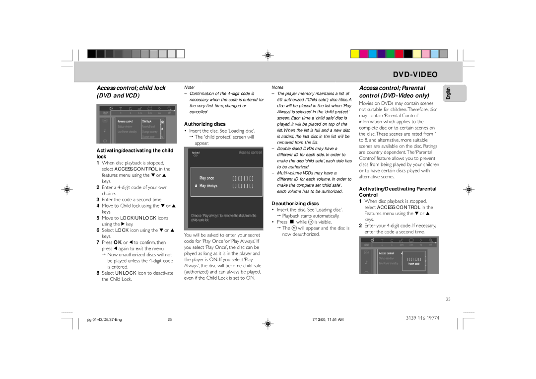 Philips FW-D5D manual Activating/deactivating the child lock, Authorizing discs, Deauthorizing discs 