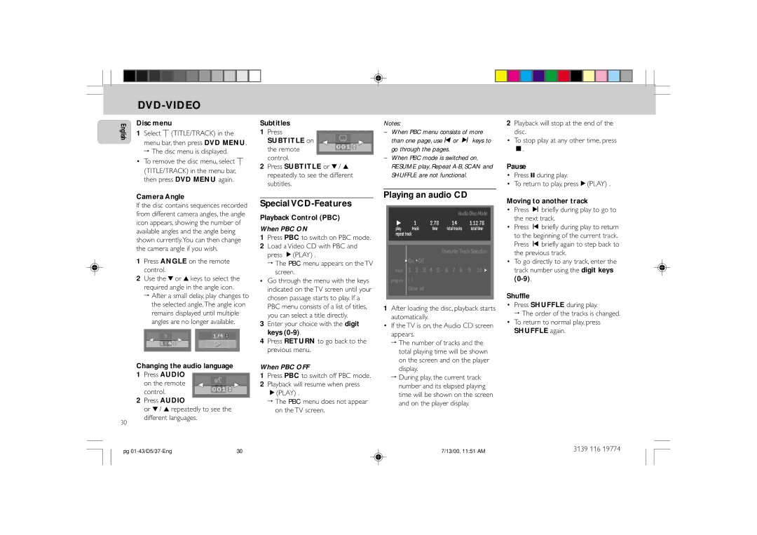 Philips FW-D5D manual Special VCD-Features, Playing an audio CD, When PBC on, When PBC OFF 