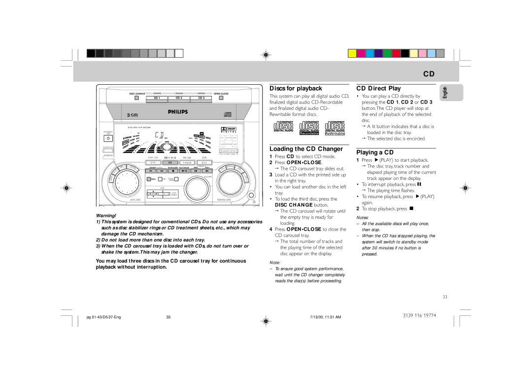 Philips FW-D5D manual Discs for playback, CD Direct Play, Loading the CD Changer, Playing a CD 